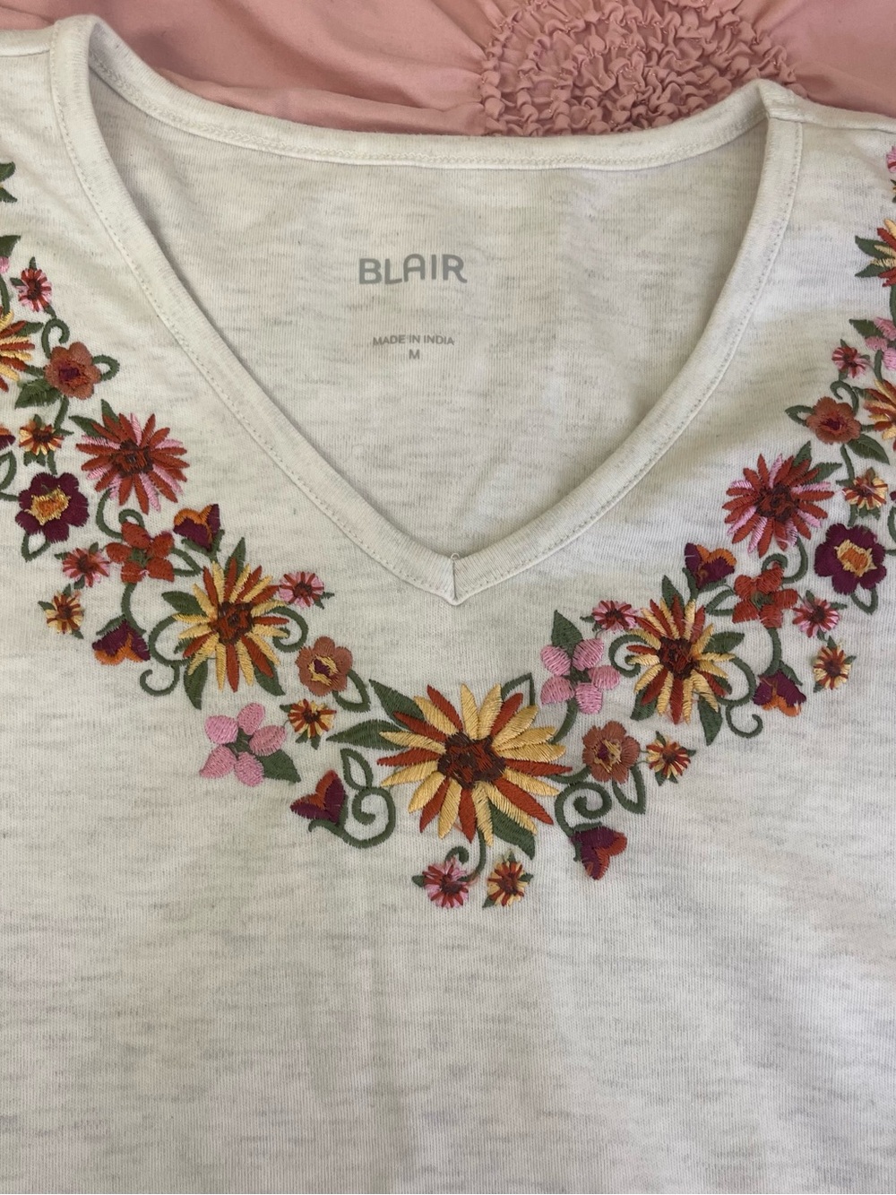 Blair Vintage Grandma-core Cream V-Neck Top with Multicolor Floral Embroidery